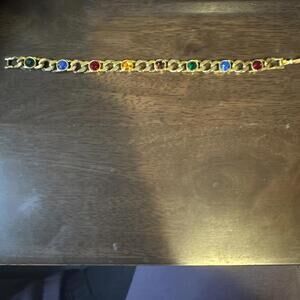 Retro Chunky Gold Plated Chain Multi-Color Glass Rhinestone Bracelet Vtg 80s